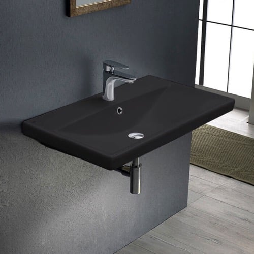 Rectangle Matte Black Ceramic Wall Mounted or Drop In Sink CeraStyle 032007-U-97