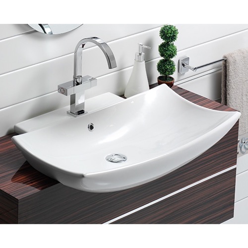 Curved Rectangular White Ceramic Wall Mounted or Semi-Recessed Sink CeraStyle 074800-U