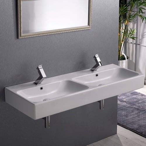 Double Rectangular Ceramic Wall Mounted or Vessel Sink CeraStyle 080700-U