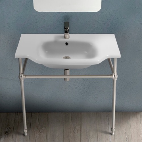 Traditional Ceramic Console Sink With Satin Nickel Stand CeraStyle 081200-CON-SN