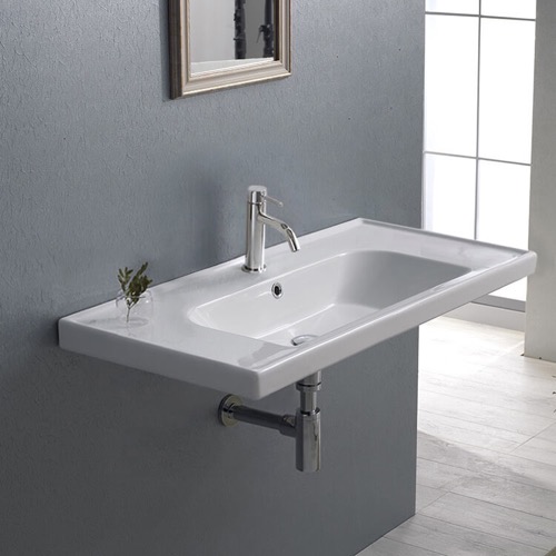 ADA Compliant Bathroom Sink, Rectangle White Ceramic Wall Mounted or Drop In Sink CeraStyle 031300-U
