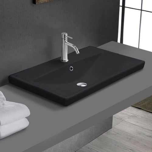 Drop In Bathroom Sink, Black Ceramic, Rectangular CeraStyle 032007-U/D
