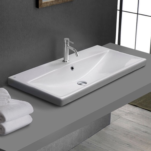 Drop In Bathroom Sink, White Ceramic, Rectangular CeraStyle 032100-U/D