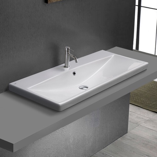 Drop In Bathroom Sink, White Ceramic, Rectangular CeraStyle 032400-U/D