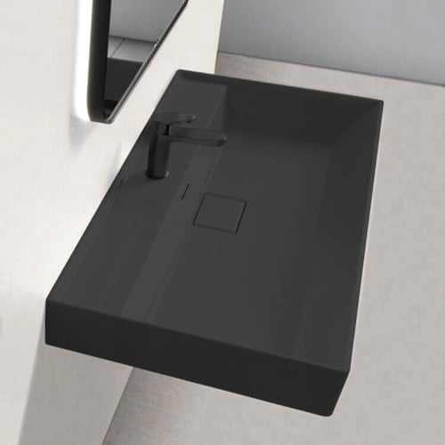 Rectangular Black Ceramic Wall Mounted or Drop In Sink CeraStyle 037307-U-97