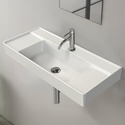 Rectangular White Ceramic Wall Mounted or Drop In Sink With Counter Space CeraStyle 046500-U