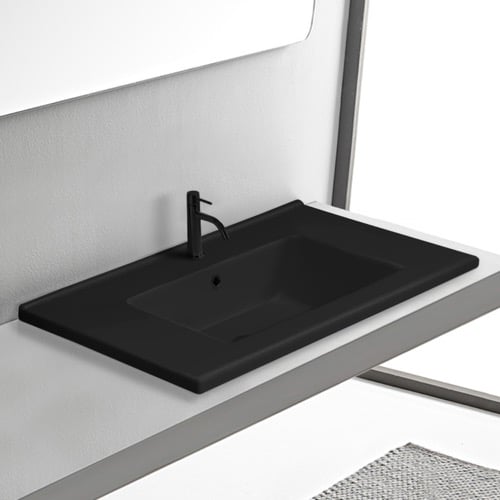 Black Drop In Bathroom Sink With Counter Space, Ceramic, Rectangular CeraStyle 067507-U/D