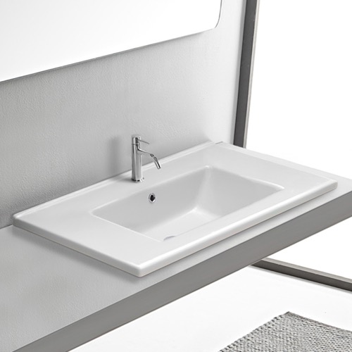 Drop In Bathroom Sink With Counter Space, White Ceramic, Rectangular CeraStyle 067500-U/D