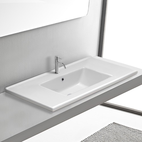 Drop In Bathroom Sink With Counter Space, White Ceramic, Rectangular CeraStyle 067600-U/D