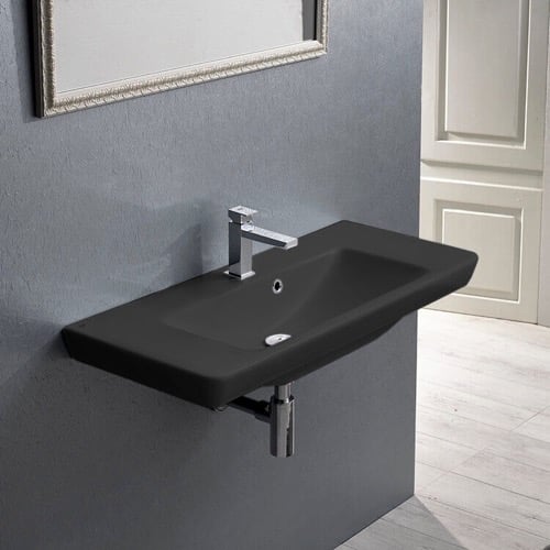 Rectangular Black Ceramic Wall Mounted or Drop In Sink CeraStyle 068307-U-97