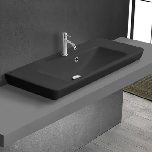 Drop In Sink in Black Ceramic, Modern, Rectangular CeraStyle 068307-U/D