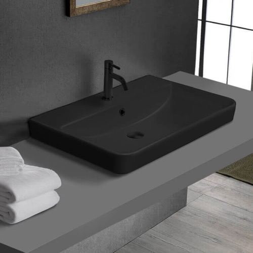 Drop In Bathroom Sink, Black Ceramic, Rectangular CeraStyle 079607-U/D