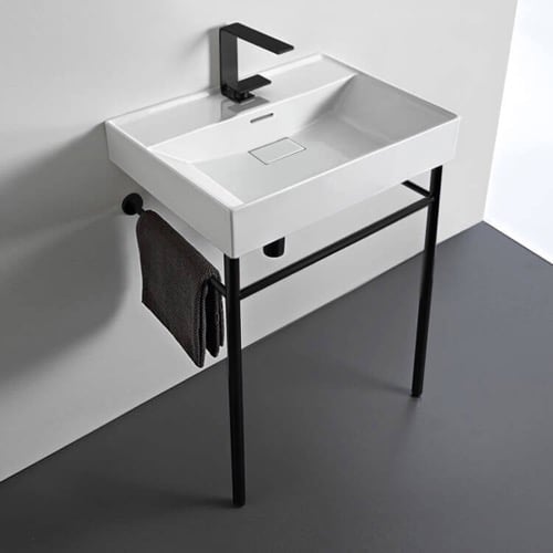 Rectangular White Ceramic Console Sink and Matte Black Stand, 24 Inch CeraStyle 037100-U-CON-BLK