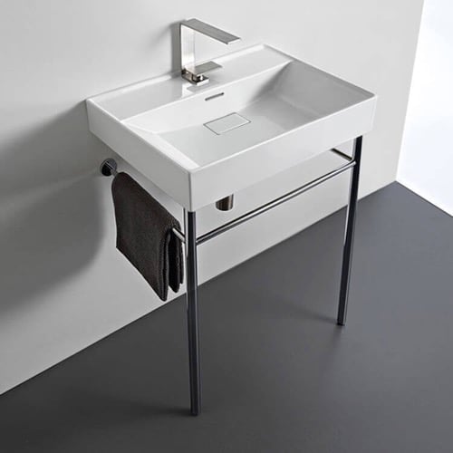 Rectangular White Ceramic Console Sink and Polished Chrome Stand, 24 Inch CeraStyle 037100-U-CON