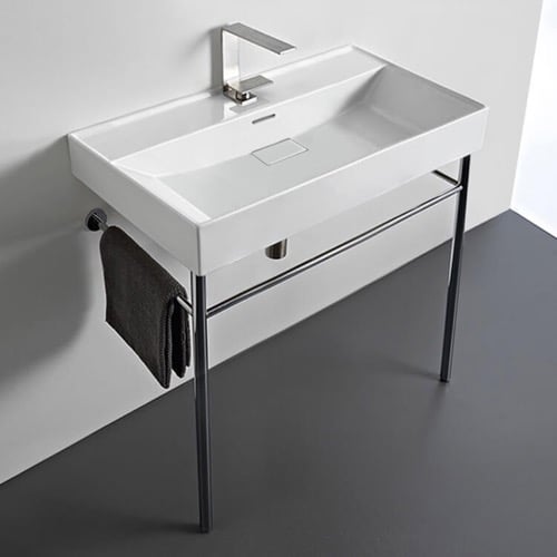 Rectangular White Ceramic Console Sink and Polished Chrome Stand, 32 Inch CeraStyle 037300-U-CON