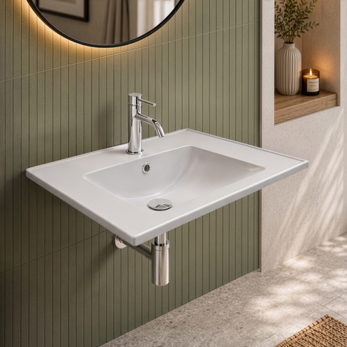 Wall Mount Sink - 26 Inch, Rectangular, Modern, Ceramic CeraStyle 047300-U