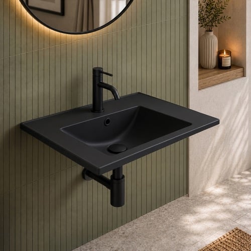 Wall Mount Sink - 26 Inch, Rectangular, Modern, Ceramic, Matte Black CeraStyle 047307-U-97