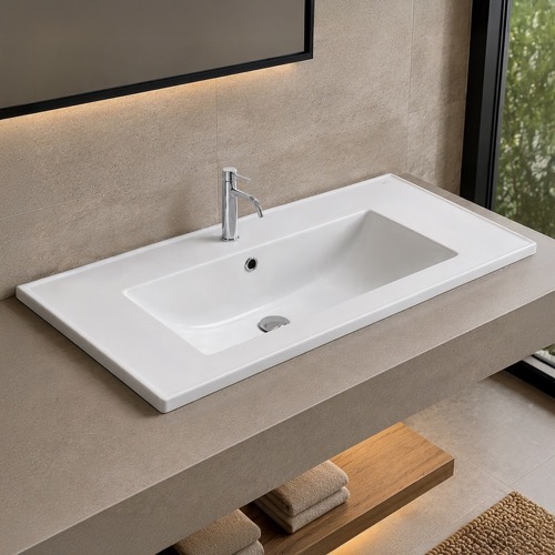 Drop In Bathroom Sink, White Ceramic, Rectangular CeraStyle 047500-U/D