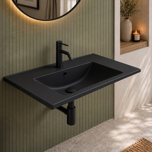 Wall Mount Sink - 34 Inch, Rectangular, Modern, Ceramic, Matte Black CeraStyle 047607-U-97