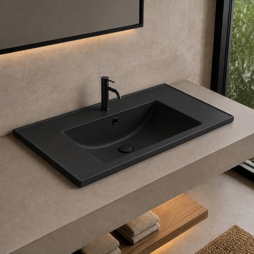 Drop In Sink - 34 Inch, Rectangular, Modern, Ceramic, Matte Black CeraStyle 047607-U/D-97
