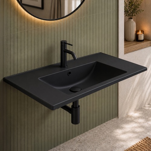 Wall Mount Sink - 40 Inch, Rectangular, Modern, Ceramic, Matte Black CeraStyle 047807-U-97