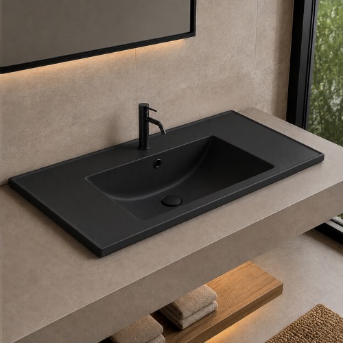 Drop In Sink - 40 Inch, Rectangular, Modern, Ceramic, Matte Black CeraStyle 047807-U/D-97