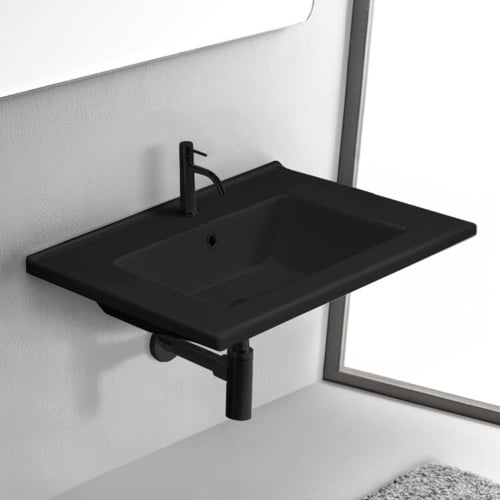 Wall Mount Sink - ADA, 26 Inch, Rectangular, Modern, Ceramic, Matte Black CeraStyle 067307-U-97