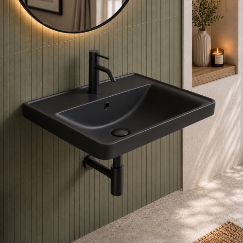 Black Ceramic Bathroom Sink, Wall Mounted or Drop In CeraStyle 077907-U-97
