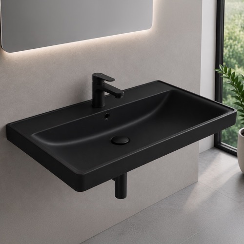 Black Ceramic Bathroom Sink, Wall Mounted or Drop In CeraStyle 079807-U-97