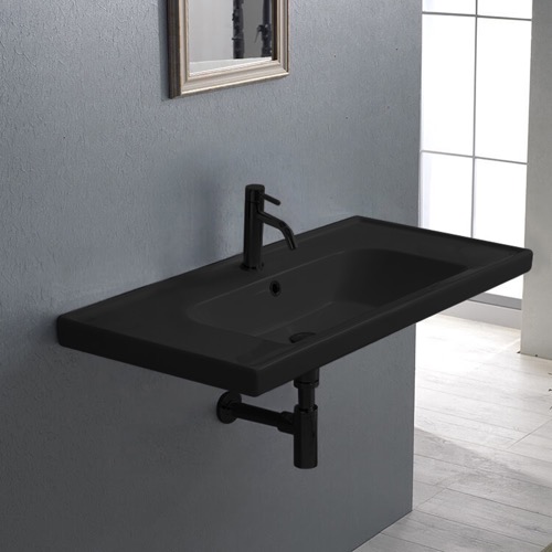 Black Rectangle Ceramic Wall Mounted or Drop In Sink CeraStyle 031307-U-97