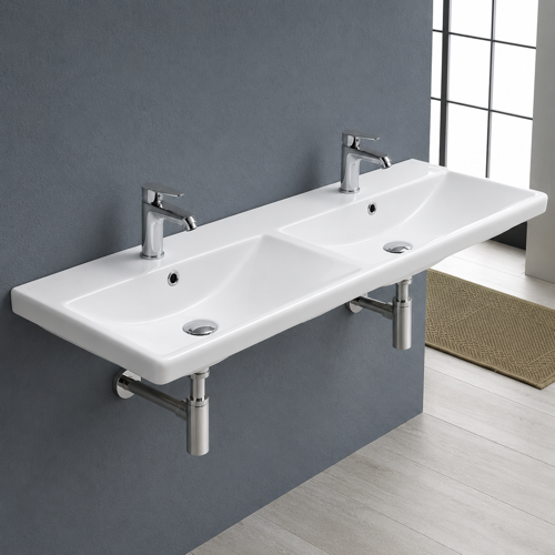 Rectangular Double White Ceramic Wall Mounted or Drop In Sink CeraStyle 032500-U