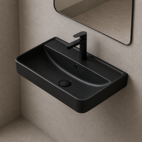 Rectangular Black Ceramic Wall Mounted or Drop In Sink CeraStyle 035107-U-97