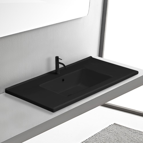 Black Drop In Bathroom Sink With Counter Space, Ceramic CeraStyle 067607-U/D