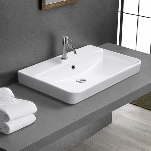 Drop In Bathroom Sink, White Ceramic, Rectangular CeraStyle 079600-U/D