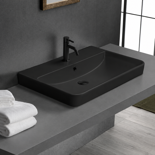 Drop In Bathroom Sink, Black Ceramic, Rectangular CeraStyle 079607-U/D