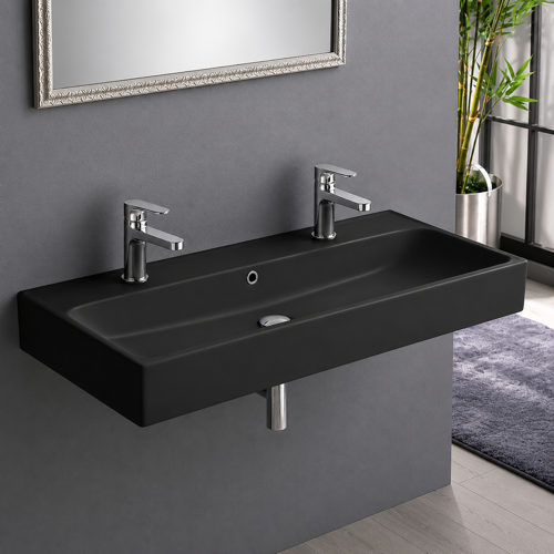 Trough Black Ceramic Wall Mounted or Vessel Sink CeraStyle 080507-U-97