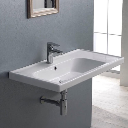 Rectangular Ceramic Wall Mounted or Drop In Sink With Counter Space CeraStyle 031100-U