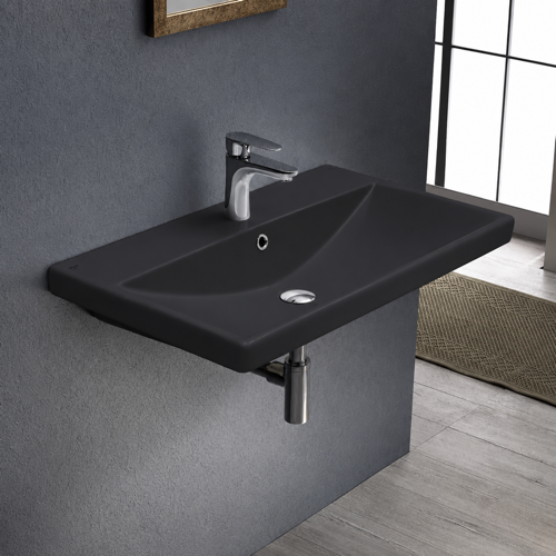 Black Bathroom Sink, Ceramic, Wall Mounted or Drop In Sink CeraStyle 032007-U-97