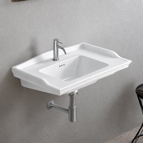 Rectangular White Ceramic Wall Mounted Bathroom Sink CeraStyle 036100-U