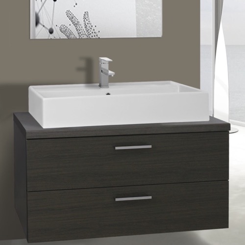 38 Inch Bathroom Vanity With Vessel Ceramic Sink, Wall Mount, Grey Oak Iotti AN94
