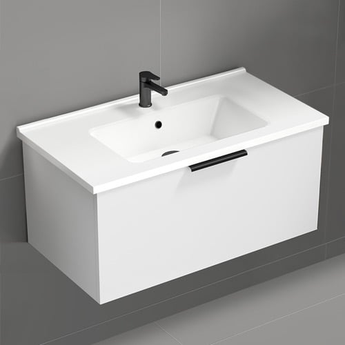 White Bathroom Vanity, Floating, Modern, 34 Inch Nameeks BODRUM17