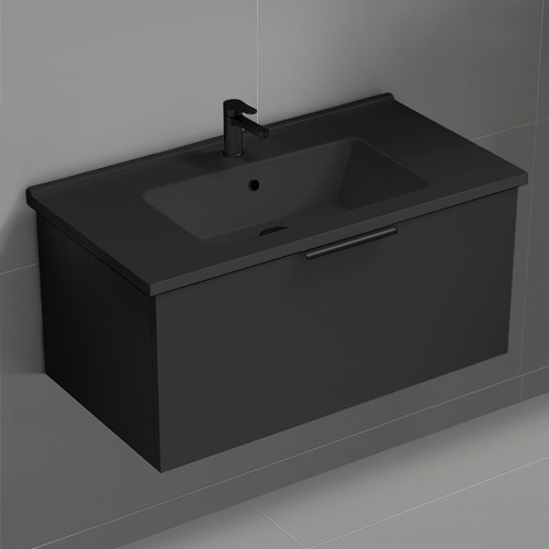 Wall Mounted Black Bathroom Vanity, Modern, 34 Inch Nameeks BODRUM75