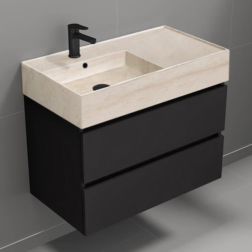 Wall Mounted Black Bathroom Vanity, Modern, 32 Inch, Travertine Style Sink Nameeks BLOCK34