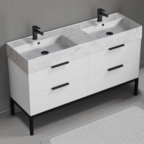 Modern Double Bathroom Vanity, 56 Inch, Marble Style Sink, Free Standing Nameeks DERIN106