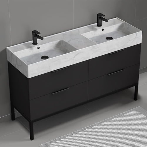 Modern Black Double Bathroom Vanity, 56 Inch, Marble Style Sink, Free Standing Nameeks DERIN107