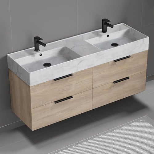Double Floating Bathroom Vanity, Modern, 56 Inch, Marble Style Sink Double Floating Bathroom Vanity, Modern, 56 Inch, Marble Style Sink Nameeks DERIN109