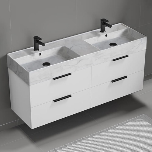 Double Floating Bathroom Vanity, Modern, 56 Inch, Marble Style Sink Nameeks DERIN110