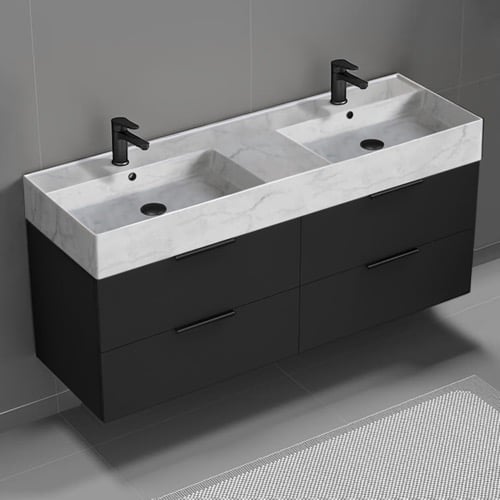 Double Floating Black Bathroom Vanity, Modern, 56 Inch, Marble Style Sink Nameeks DERIN111