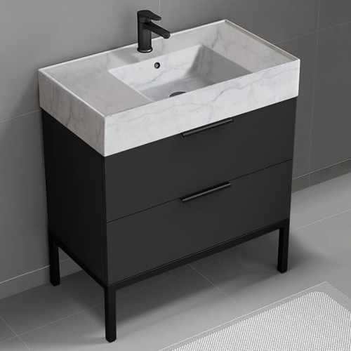 Modern Black Bathroom Vanity, 32 Inch, Marble Style Sink, Free Standing Nameeks DERIN115