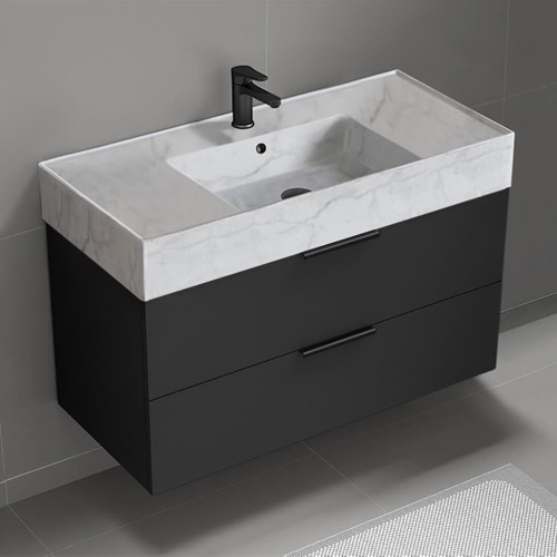 Floating Black Bathroom Vanity, Modern, 40 Inch, Marble Style Sink Nameeks DERIN127